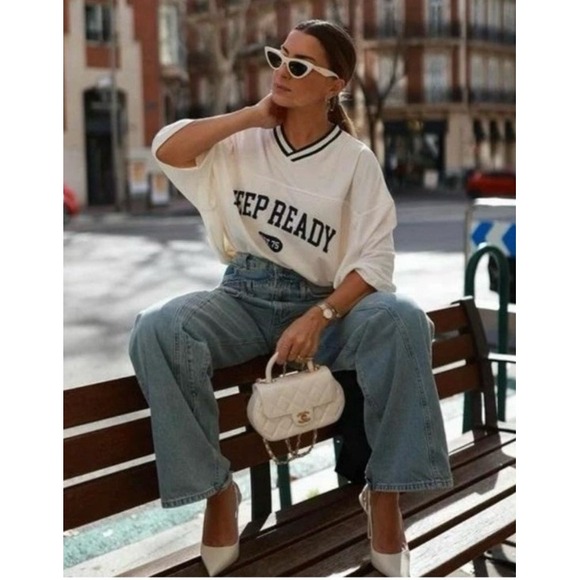 Zara Double Waist Wide Leg Distressed Jeans Light wash Denim Streetwear Size 12 - Picture 4 of 13